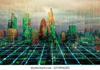 City of London view with matrix concept and digital connections. Virtual connectivity of the city. Financial district skyline with matrix sky background in green.