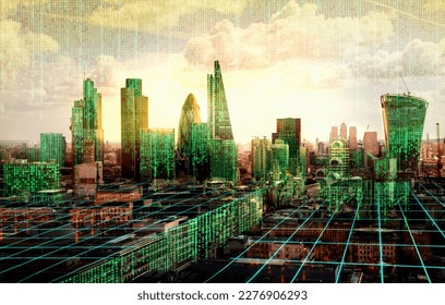 City of London view with matrix concept and digital connections. Virtual connectivity of the city. Financial district skyline with matrix sky background in green.