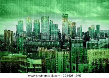 City of London view with matrix  concept and digital connections. Virtual connectivity of the city. Financial district skyline with matrix sky background in green.