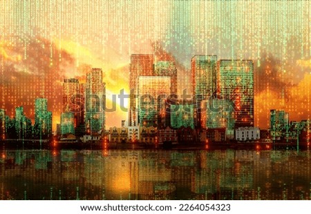 City of London view with matrix  concept and digital connections. Virtual connectivity of the city. Financial district skyline with matrix sky background at sunset