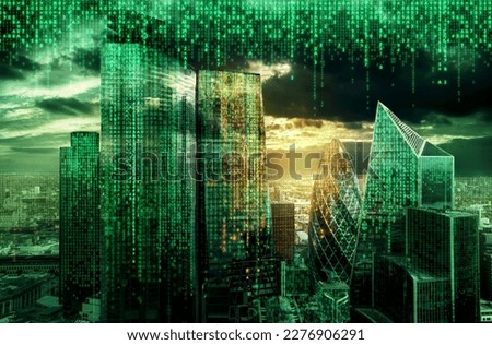 City of London view with matrix concept and digital connections. Virtual connectivity of the city. Financial district skyline with matrix sky background in green.