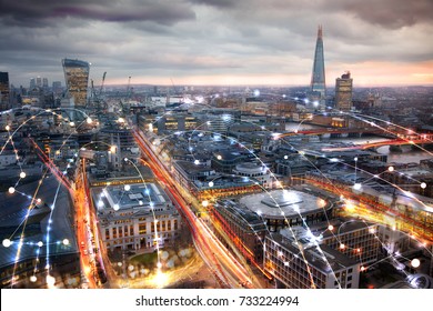 City Of London View At Night, Business Network Connections Concept. 