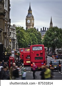 City Of  London, View From Trafalgar Square: Big Ben, Double Deckers, Red Phonebox, Taxi Cab, People.