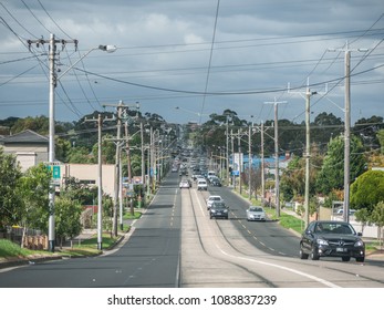 
City Of Maribyrnong, VIC/Australia-May 5th 2018: Urban Street With Tram Tracks.