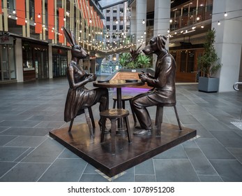City of Melbourne, VIC/Australia-April 28th 2018: Modern statue of a dog man and rabbit lady on Goldsbrough Lane