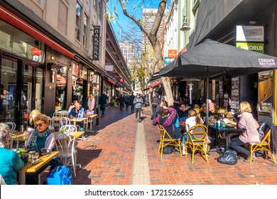 City of Melbourne, VIC/Australia-July 19th 2018: view of Hardware Lane with many people enjoy food and drinks at outdoor dinning area. The laneway has been a popular spot for foodies for years.