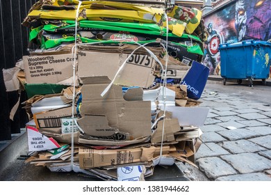 City Of Melbourne, VIC/Australia-June 10th 2018: Squeezed Cardboard Boxes Placed Outside To Be Collected. 