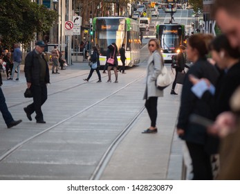 City Of Melbourne, VIC/Australia-May 15th 2019: View Of Bourke Street With Tram Tracks In CBD.