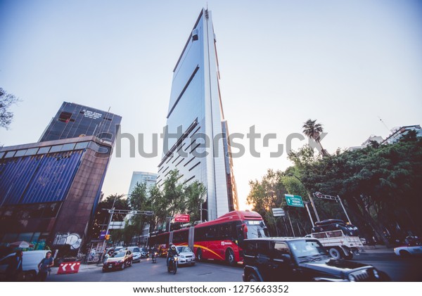 CITY OF MEXICO, MEXICO\
- FEBRUARY 10, 2017: Great buildings and a lot of car traffic in\
the city of mexico
