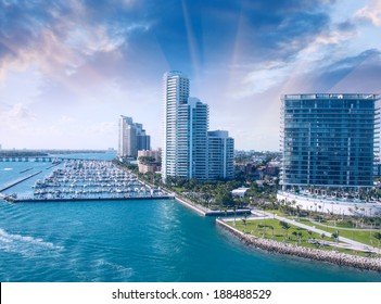 City Of Miami Florida, Colorful Night Panorama Of Downtown Business And Residential Buildings. Vintage Filter