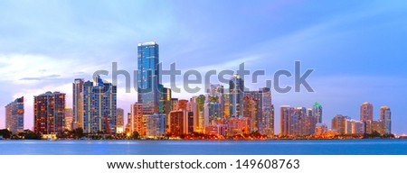 City of Miami Florida, colorful sunset panorama of downtown business and residential buildings