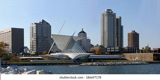 City of Milwaukee Wisconsin skyline circa 2014 from Lake Michigan view before Northwestern Mutual Tower and Commons was built. 