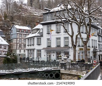 City Of Monschau Germany On The Last Day Of Winter 2022! April 2 Of 2022! City Center Covered In The Last Snow!
