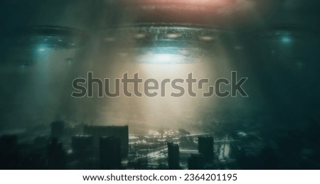 City, night and ufo in sky, spaceship and surreal alien invasion outdoor. Future, flying saucer and spacecraft in urban town, extraterrestrial drone in flight and UAP over cityscape, metro and cbd