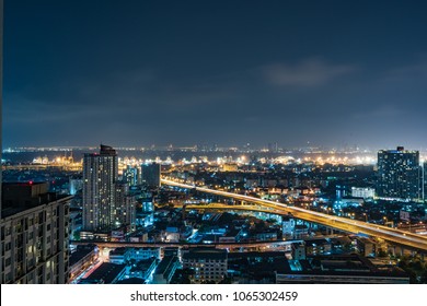 City Night View Shot. Beautiful Downtown Night Light, Urban Lifestyle