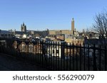 The city of Norwich, Norfolk, UK, view from Norwich Castle with a skyline which includes City Hall and the church of St Peter Mancroft.