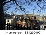 The city of Norwich, Norfolk, UK, view from Norwich Castle with a skyline which includes City Hall and the church of St Peter Mancroft.