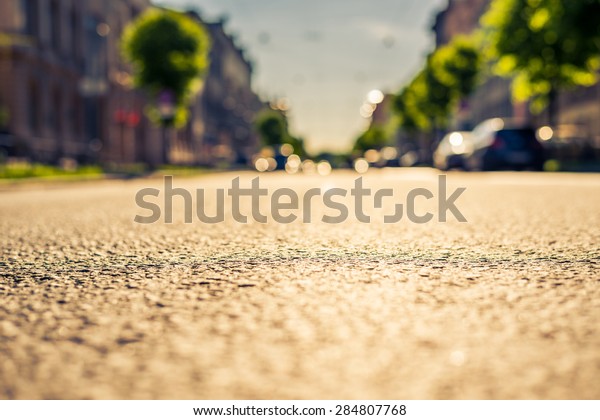 City on\
a sunny day, a quiet street with trees and cars. View from the\
level of asphalt, image in the yellow-blue\
toning