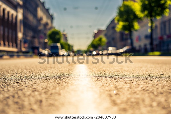 City on a\
sunny day, a quiet street with trees and cars. View from the\
dividing line, image in the yellow-blue\
toning