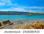 City panorama, view of the monuments of Vrboska, attractions on the island of Hvar, moored boats in the bay