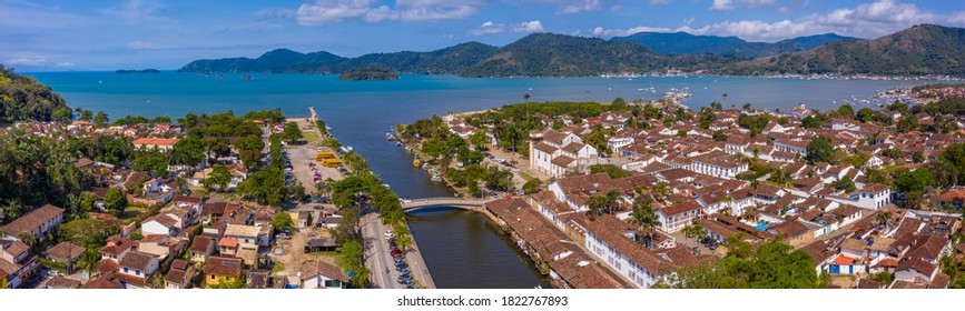 City of Paraty, State of Rio de Janeiro, Brazil, September 25, 2020. Aerial view of the historic center and anchorage. - Shutterstock ID 1822767893
