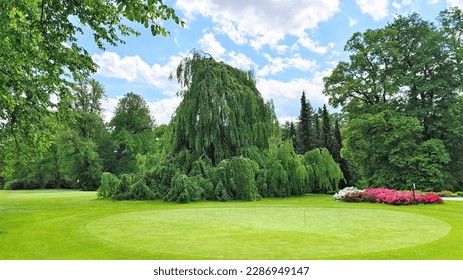 In the city park, among the trees and flowerbeds on the grassy lawn, a golf course was made. Colorful flowers bloomed in the flowerbeds. The grass has been cut. Blue sky with clouds