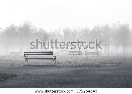 city park in foggy morning - bench in park in foggy morning
