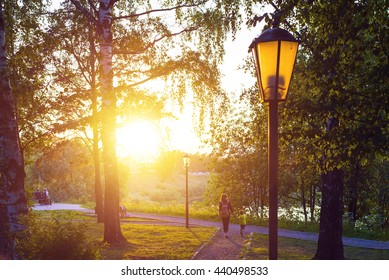 City Park Lamp At The Summer Sunset.