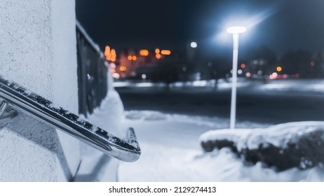 City Park Walkway In Deep Snow, Night View After Blizzard