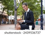 City, portrait or businesswoman with tablet on bench for legal research, online app or social media post. Attorney, smile or happy lawyer on internet for business email, networking or website article
