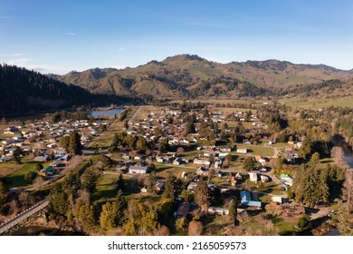 City of Powers, Oregon in the Rogue River Siskiyou National Forest. Aerial drone image. 