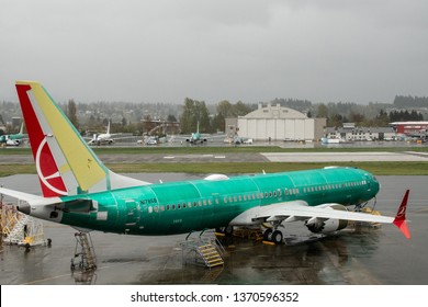 City Of Renton, Washington State/USA-04 13 2019: Boeing Factory Boeing 737 MAX Parked Next To Renton Airport.