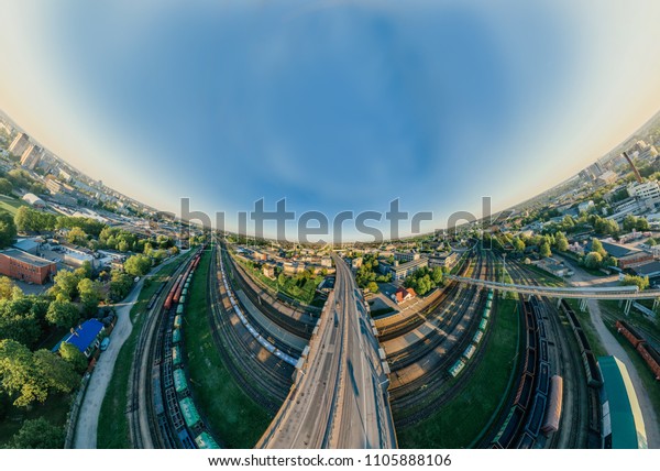 City\
Riga Bridge and train road drone sphere 360 vr\
view