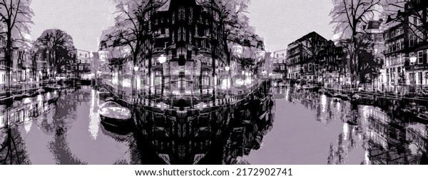 Black and white city river view on canvas painting. 3d abstract oil painting