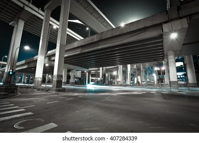 City road viaduct streetscape of night scene in shanghai