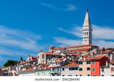 The city of Rovinj on the Istrian Peninsula in Croatia. The town is also know by its Italian name of Rovigno. It has become a popular tourist resort and fishing port.