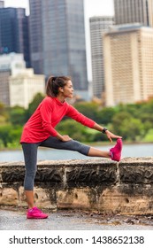 City Running Healthy Lifestyle Runner Woman Stretching Legs Exercise To Run In Urban Background. Sydney, Australia Travel. Asian Sport Girl.