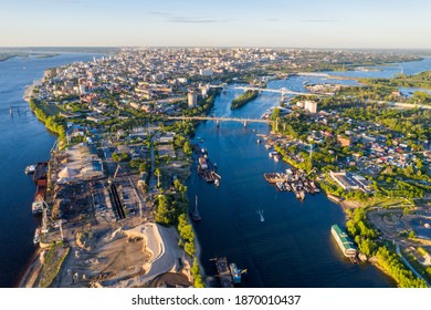 City Samara, Russia, river bank with bridges aerial view