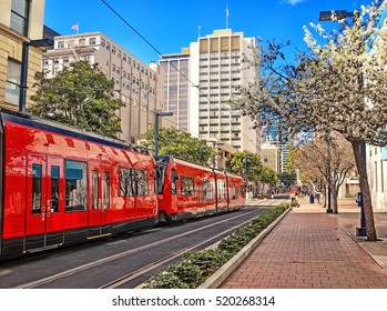 City Of San Diego California United States Of America Downtown Street View Historical Skyline Landscape With Rail Track For Modern City Trolley On Early Springtime Cityscape Travel Background Theme