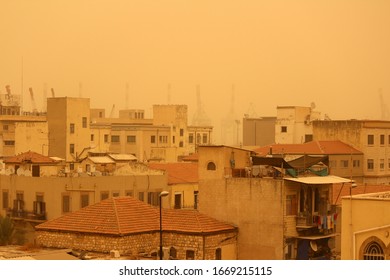 City In The Sand Storm/dust Storm. Architecture Of Middle East. 
