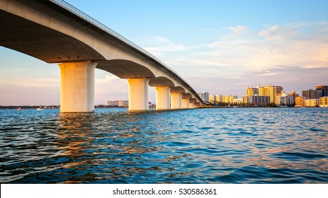 City Of Sarasota, Florida Across Elevated Bridge And Bay