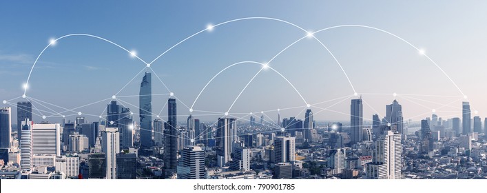 City Scape With Connecting Dots For Networking And Communication.