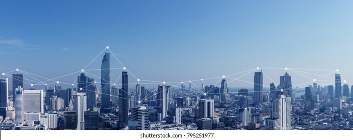 City scape with connecting dots for networking and communication.