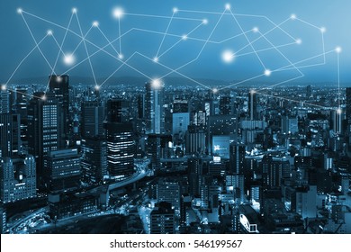 City Scape And Network Connection Concept For New Global Business. Blockchain Connect