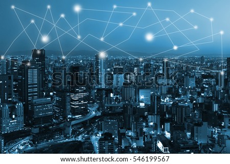 city scape and network connection concept for new global business. Blockchain connect