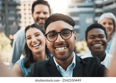 City, selfie and smile with business people outdoor together for bonding, memory or solidarity. Building, diversity and portrait of employee team in urban town as friends for about us or photograph - Powered by Shutterstock