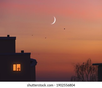 City silhouette under moon. Trees, birds and houses with one lonely light in window with flowerpot. Young crescent moon in the dramatic sunset sky. Soft evening in town. Home feel. Twilight Minimalism