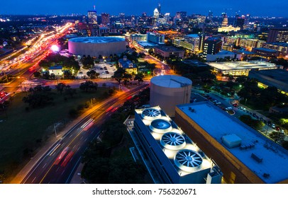 City Skyline Austin Texas And Capital Nightscape With Long Exposure Light Trails And Texas State Capitol Building And Austin TX Cityscape In Background