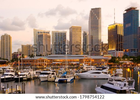 City skyline, Bayside Shopping Mall and Marina at Downtown Miami, Florida, United States