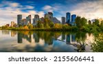 City skyline of Calgary with Bow River, Alberta, Canada, photographed from Prince